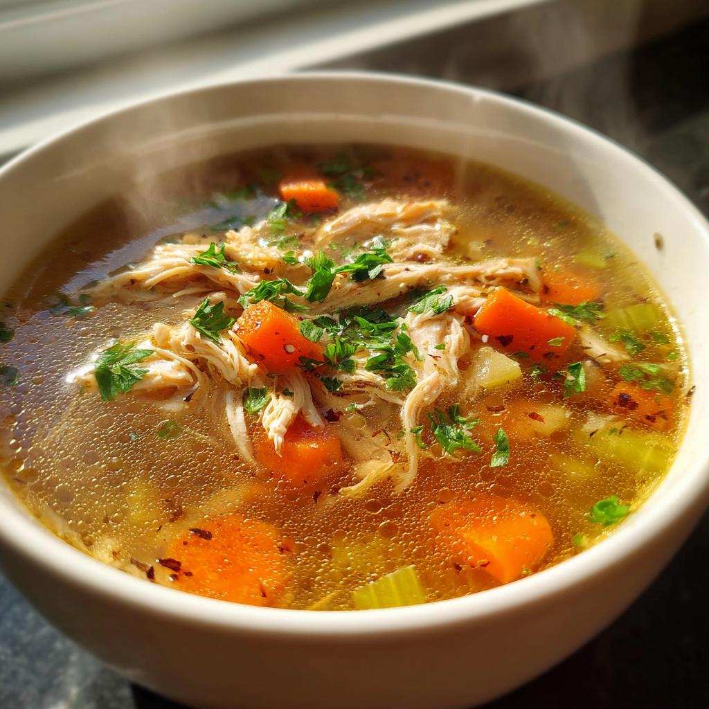 Tazón de sopa caliente con pollo desmenuzado, zanahorias, apio y perejil en caldo claro