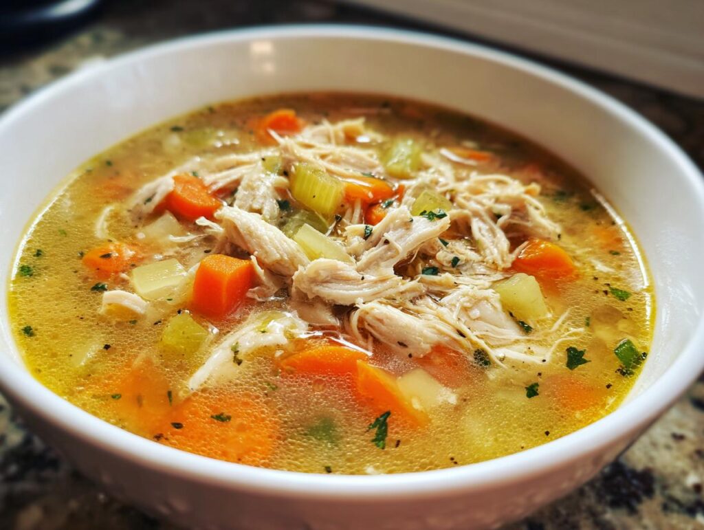 Tazón de sopa caliente con pollo deshebrado, zanahorias, apio y caldo claro.