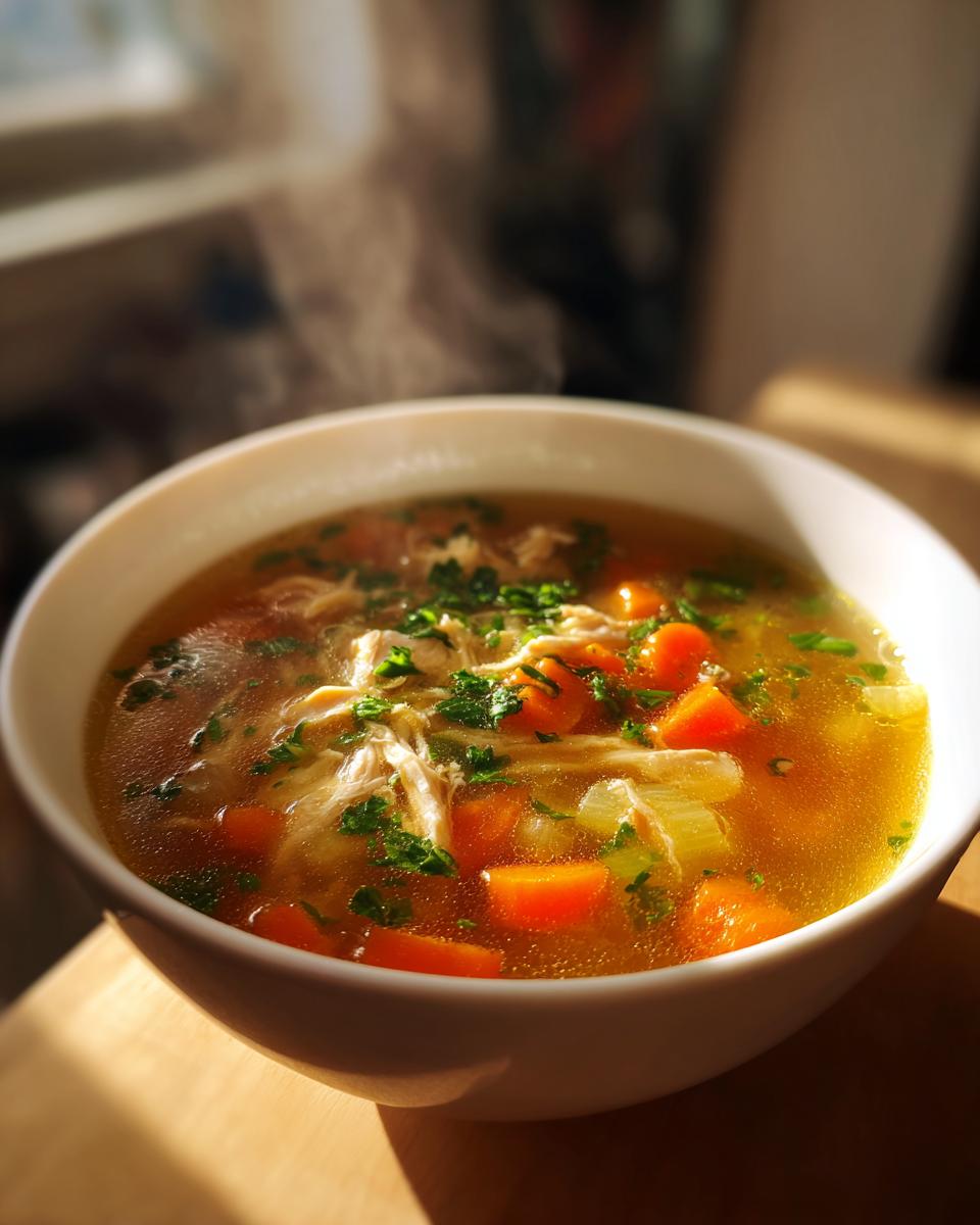 Tazón de sopa caliente con pollo, zanahorias y hierbas frescas
