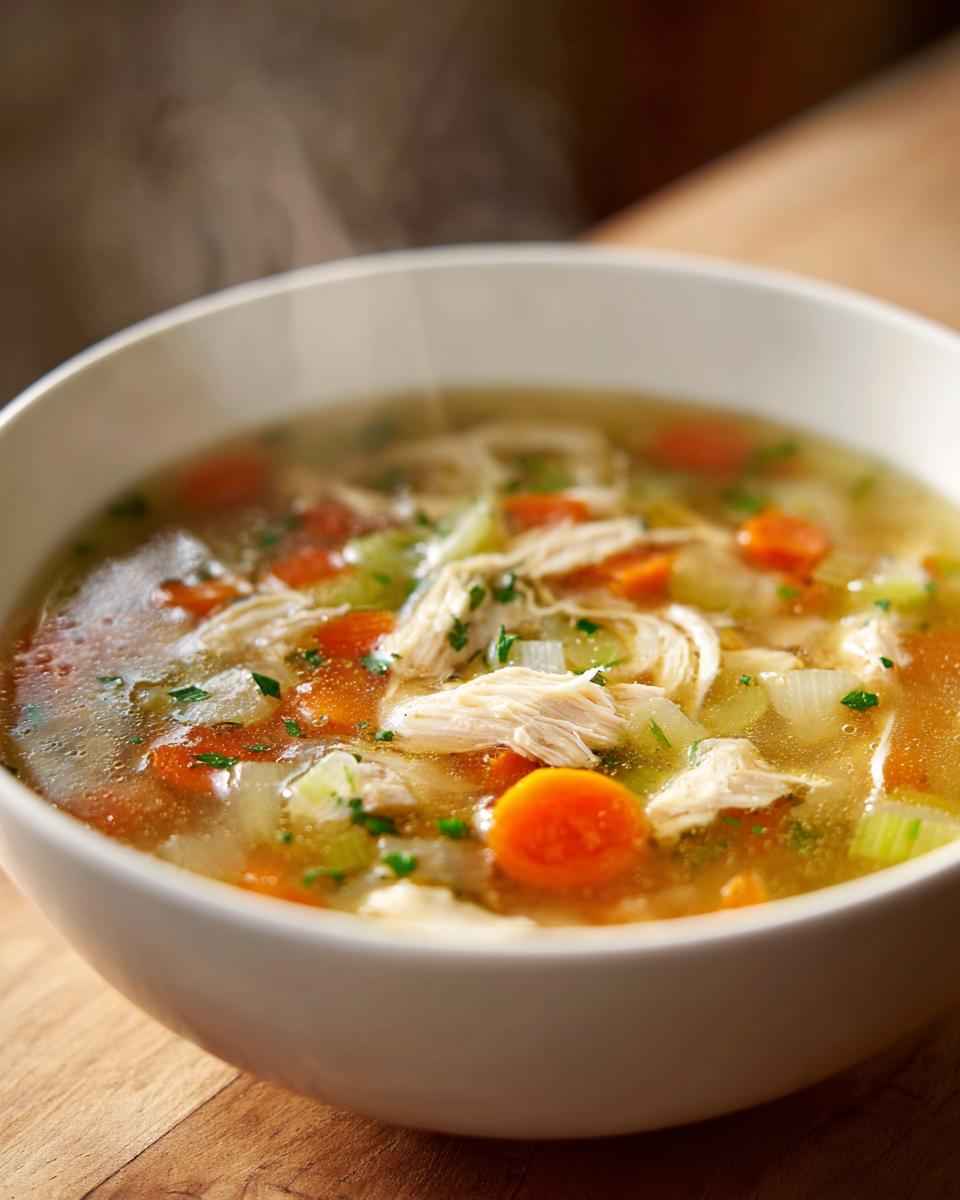 Tazón blanco con sopa caliente de pollo, zanahorias, apio y perejil fresco.