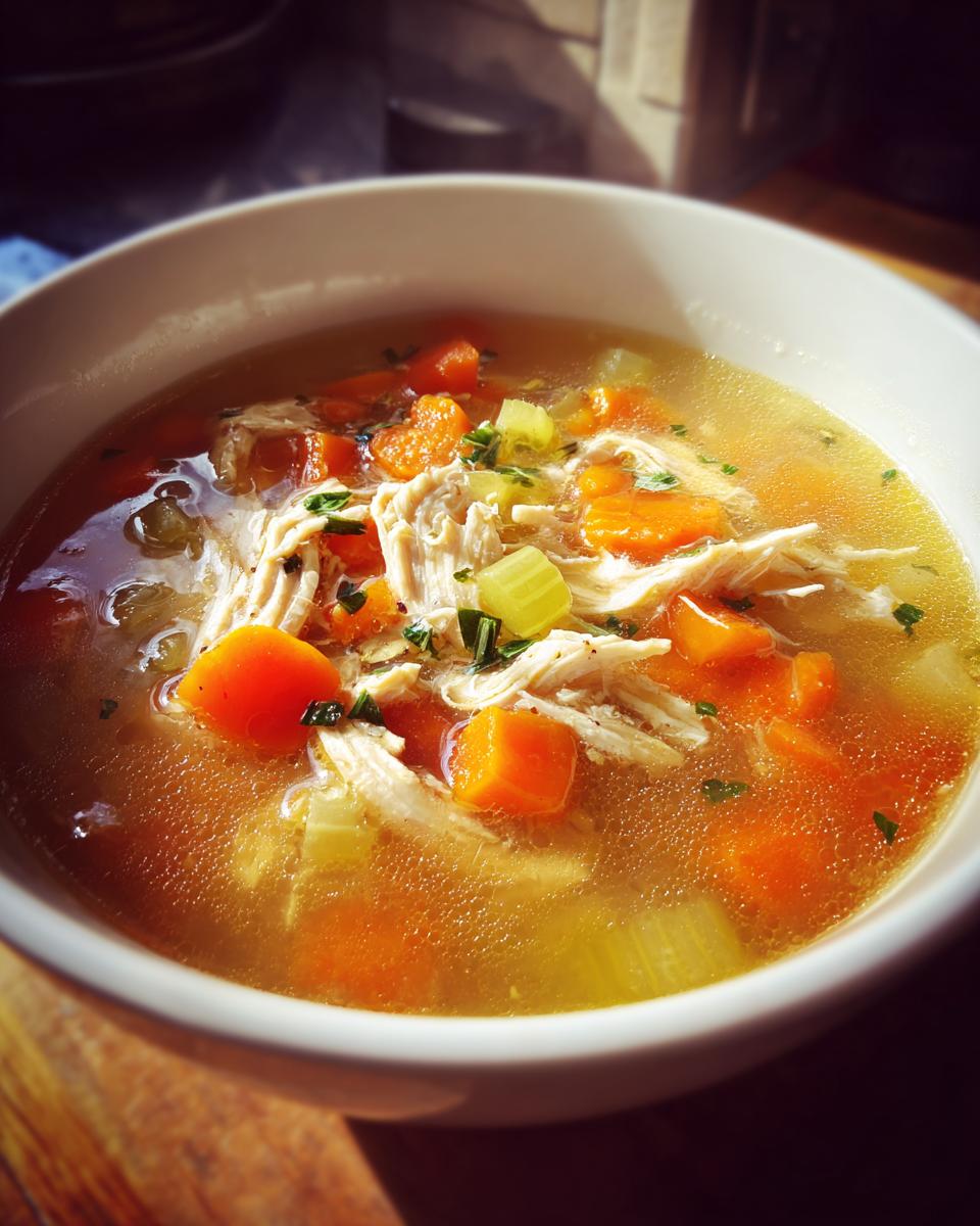 Tazón de sopa caliente con pollo desmenuzado, zanahorias y apio en caldo claro