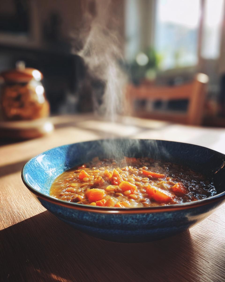 Sopa caliente con verduras servida en un bol azul, con vapor visible.