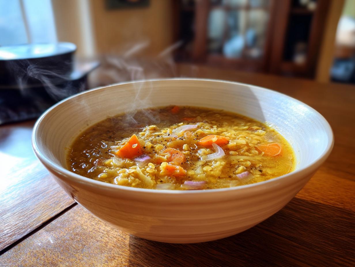 Plato blanco con sopa caliente de verduras y lentejas con vapor