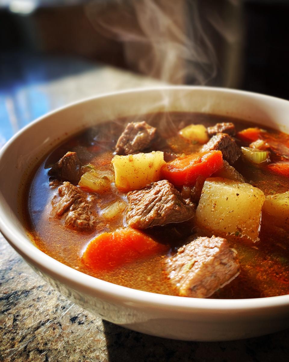 Tazón humeante de sopa con carne, papas y zanahorias cocinada en recetas de olla lenta fáciles