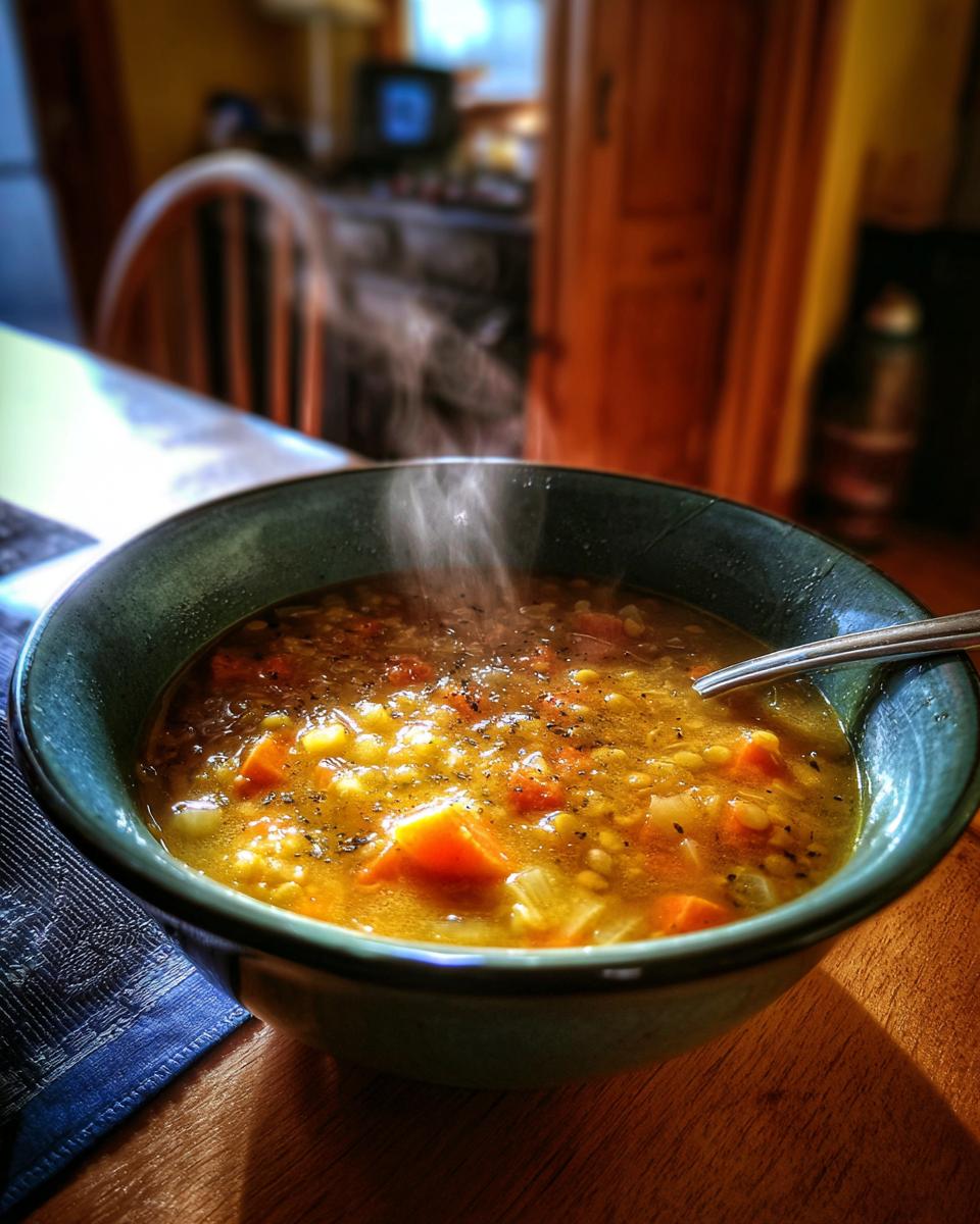 Sopa caliente casera con verduras en un tazón verde sobre mesa de madera
