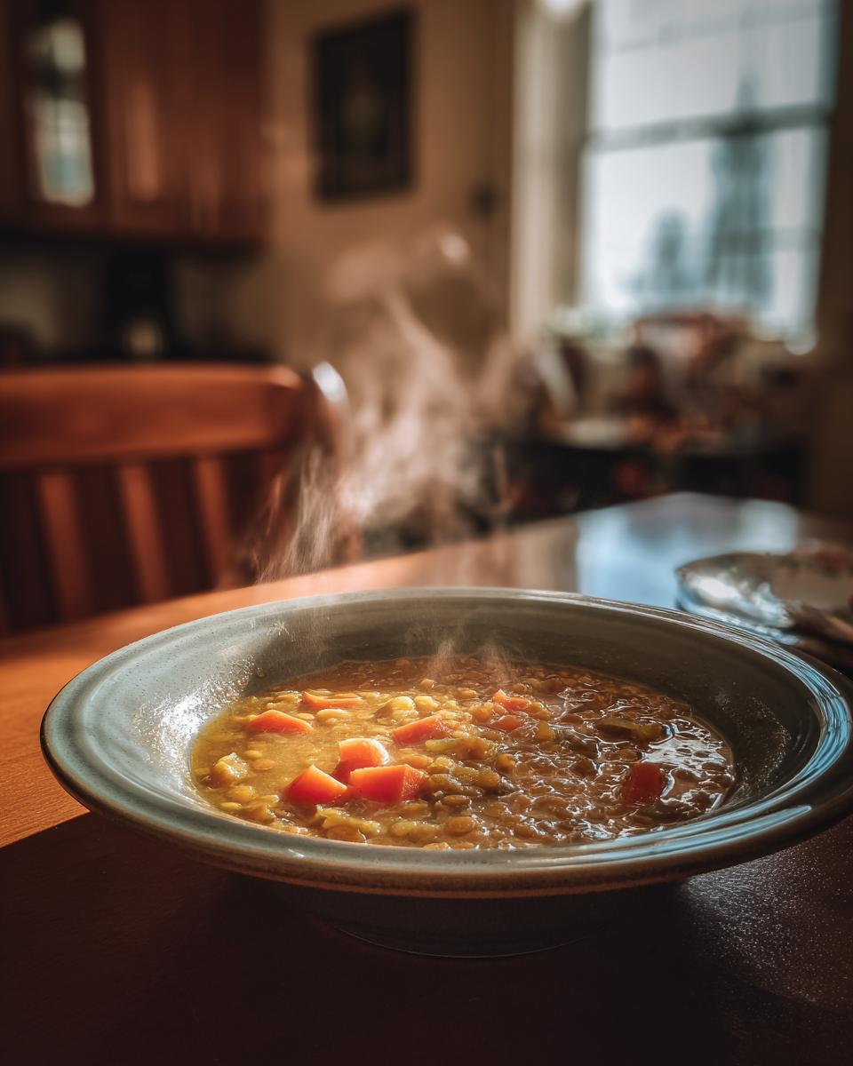 Plato hondo con sopa caliente de verduras y lentejas con vapor en cocina hogareña