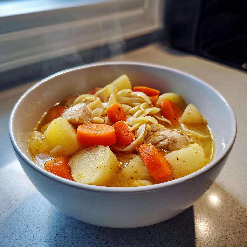 Tazón de sopa casera fácil con pollo, zanahorias, papas y fideos