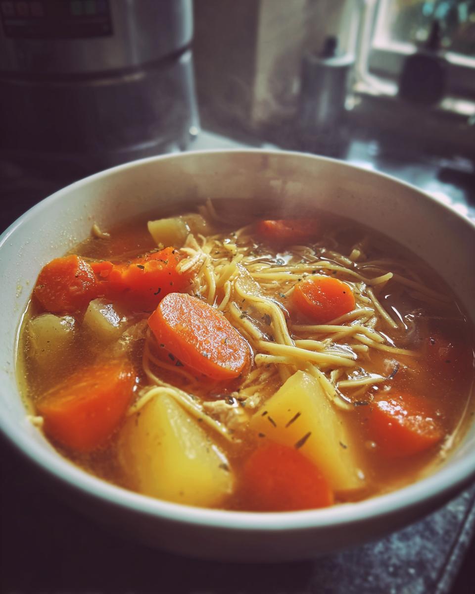 Tazón con sopa casera fácil con zanahorias, papas y fideos en caldo caliente