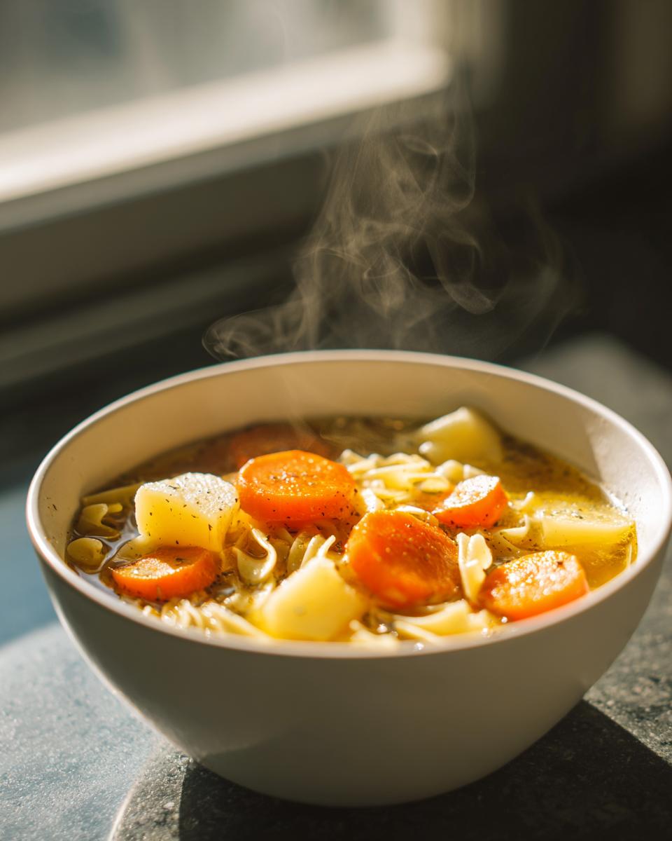 Tazón de sopa casera fácil con zanahorias, papas y fideos, humeante y listo para servir
