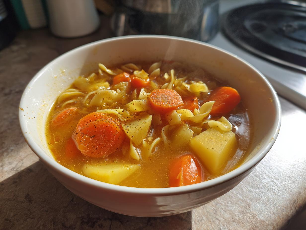 Sopa casera fácil con zanahorias, papas y fideos en un bowl blanco humeante