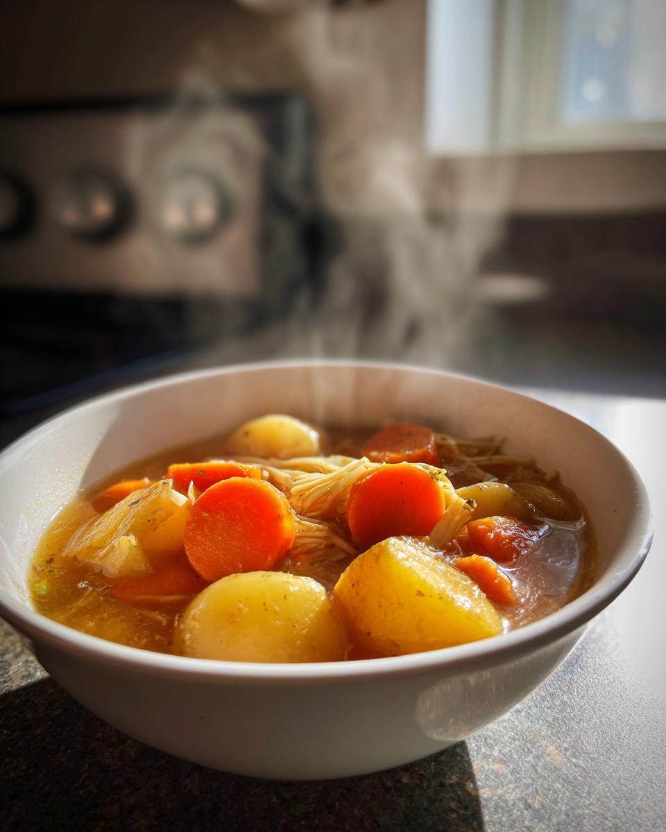 Tazón de sopa casera fácil con papas, zanahorias y caldo humeante sobre encimera