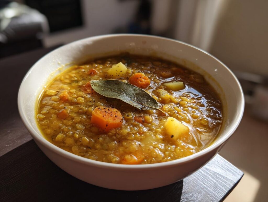 Sopa casera con zanahorias, papas y hoja de laurel en bowl blanco, receta económica para invierno