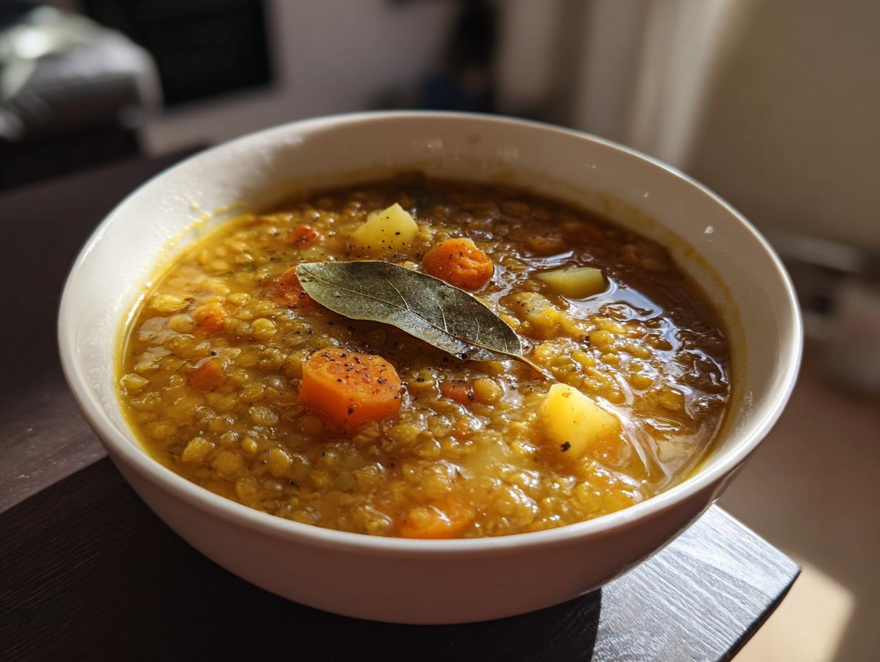 Sopa casera con zanahorias, papas y hoja de laurel en bowl blanco, receta económica para invierno