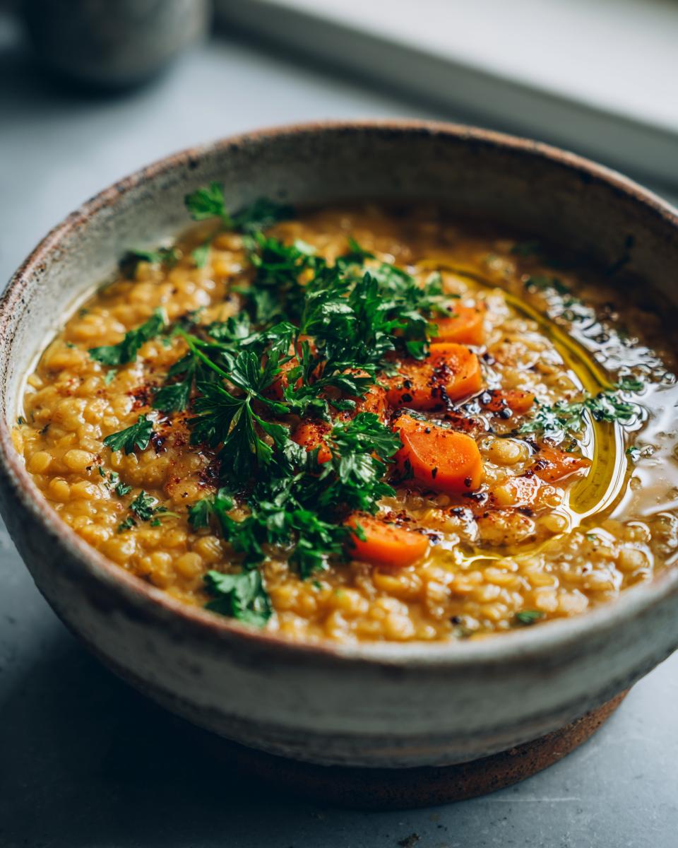 Tazón con sopa nutritiva de lentejas, zanahorias y perejil fresco.