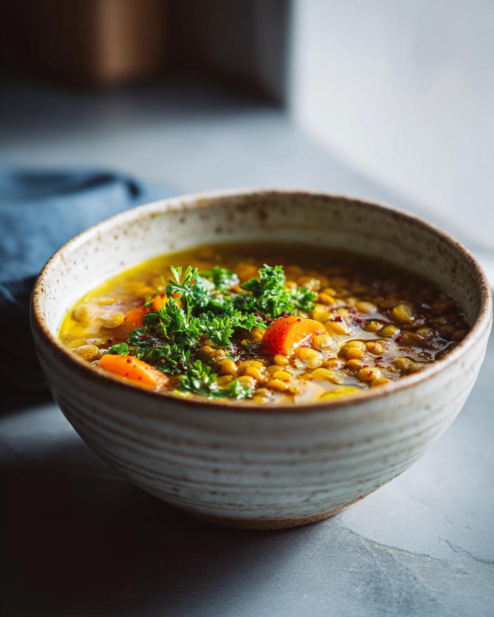 Tazón con sopa caliente de lentejas y verduras para cenas ligeras de invierno