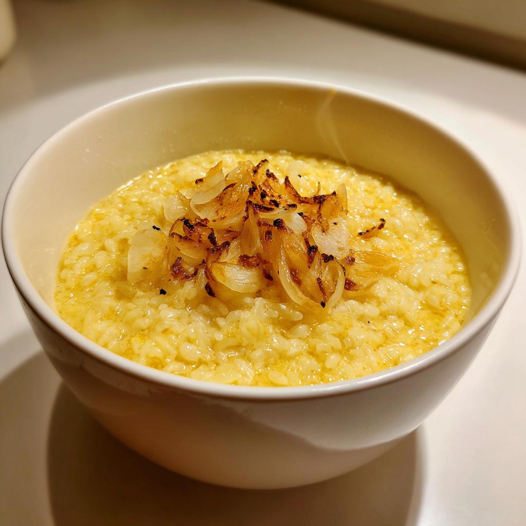 Tazón blanco con sopa económica de arroz cremosa y cebolla caramelizada por encima
