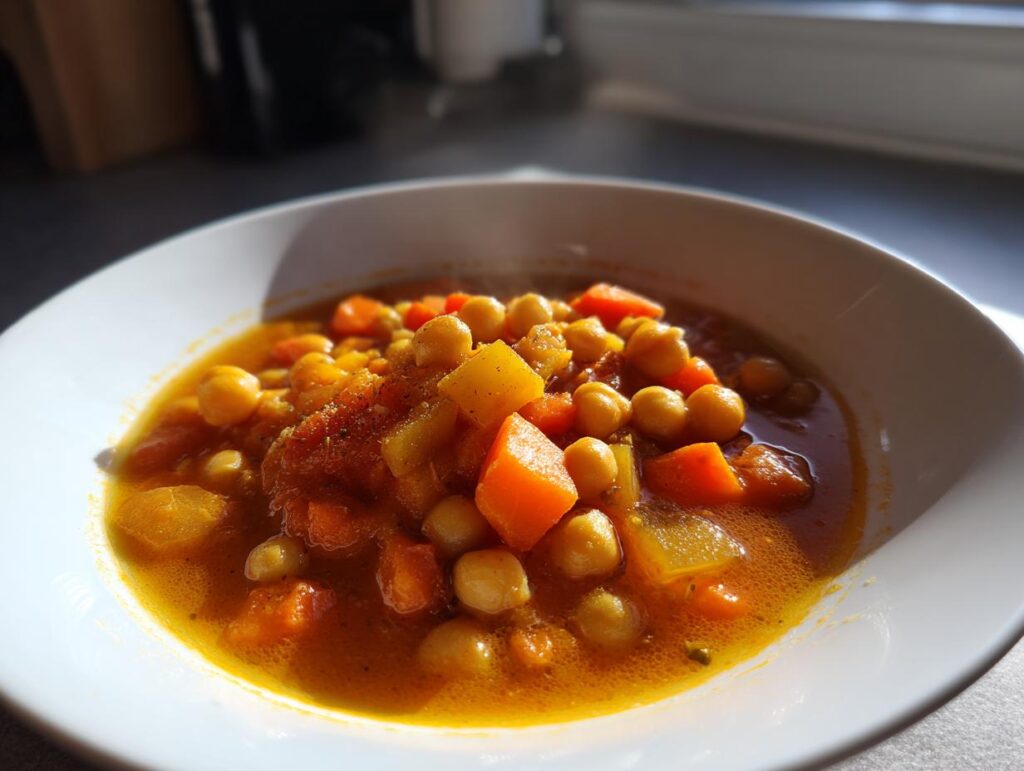 Plato hondo con sopa de garbanzos y verduras calientes, ideal para recetas de garbanzos de invierno.