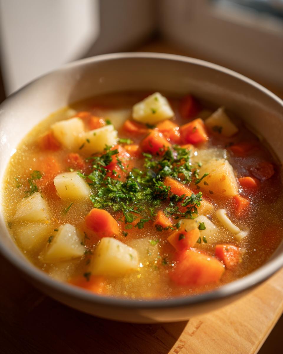 Tazón con sopa de invierno casera de verduras y hierbas frescas en un fondo de madera.