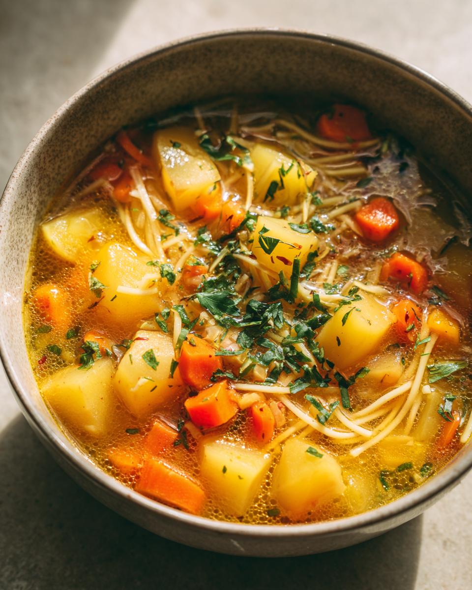 Tazón con sopa de invierno casera llena de papas, zanahorias, fideos y hierbas frescas