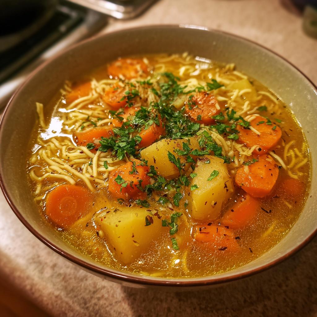 Tazón de sopa casera con zanahorias, papas, fideos y hierbas frescas, sopa de invierno caseras