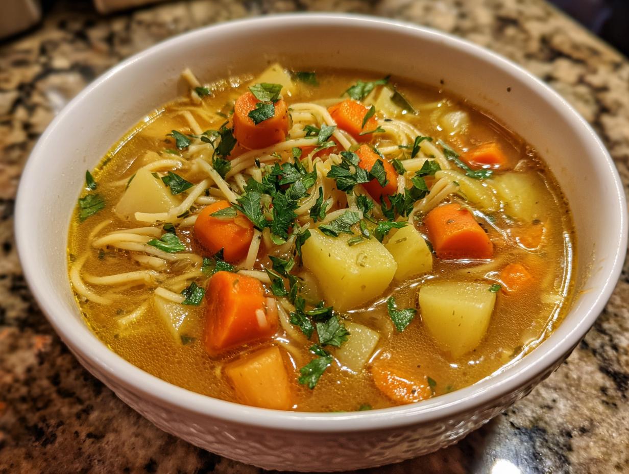 Sopa de invierno caseras con zanahorias, papas, fideos y perejil en un tazón blanco