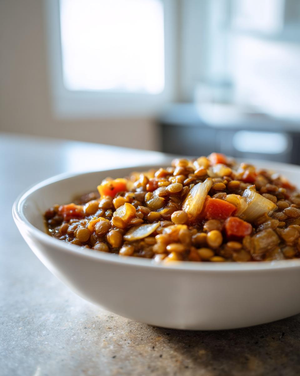 Tazón blanco con sopa de lentejas caliente con verduras en cocina moderna