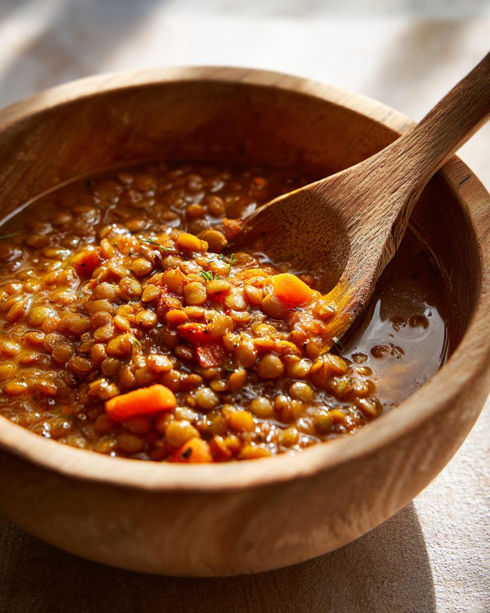 Primer plano de sopa de lentejas con zanahorias en bowl de madera con cuchara