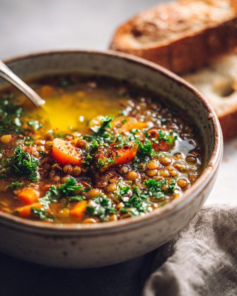 Tazón de sopa de lentejas con zanahorias y perejil para cenas ligeras de invierno