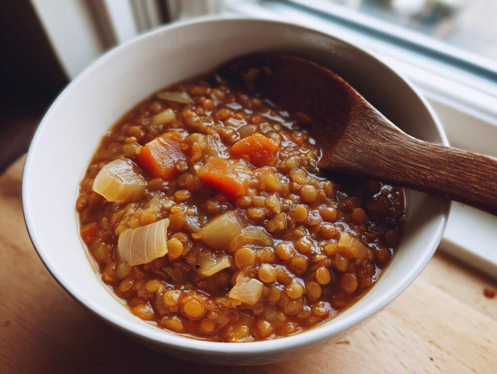 Bowl blanco con sopa de lentejas con zanahorias y cebolla, cuchara de madera