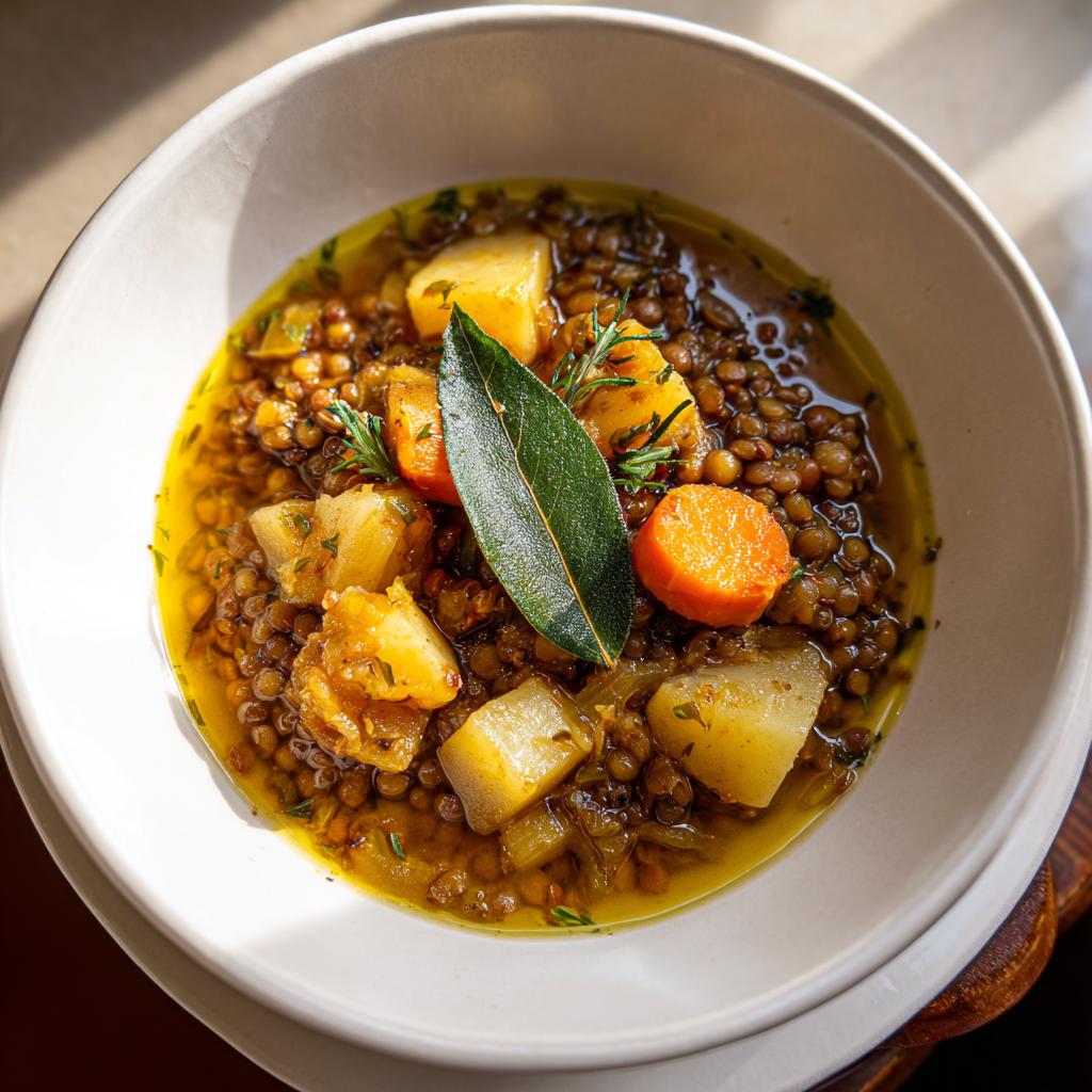 Tazón de sopa de lentejas con zanahorias, papas y hierbas, ideal para recetas económicas para invierno