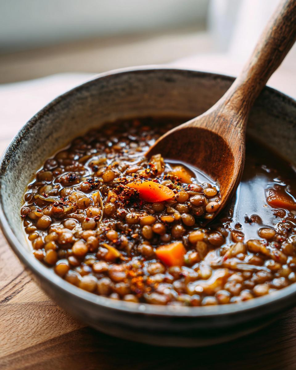 Bowl con sopa de lentejas fácil, trozos de zanahoria, y cuchara de madera.