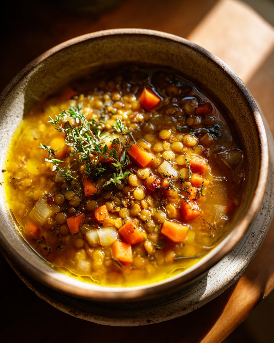 Tazón de sopa de lentejas con zanahorias y hierbas, plato ideal en recetas rápidas para días fríos