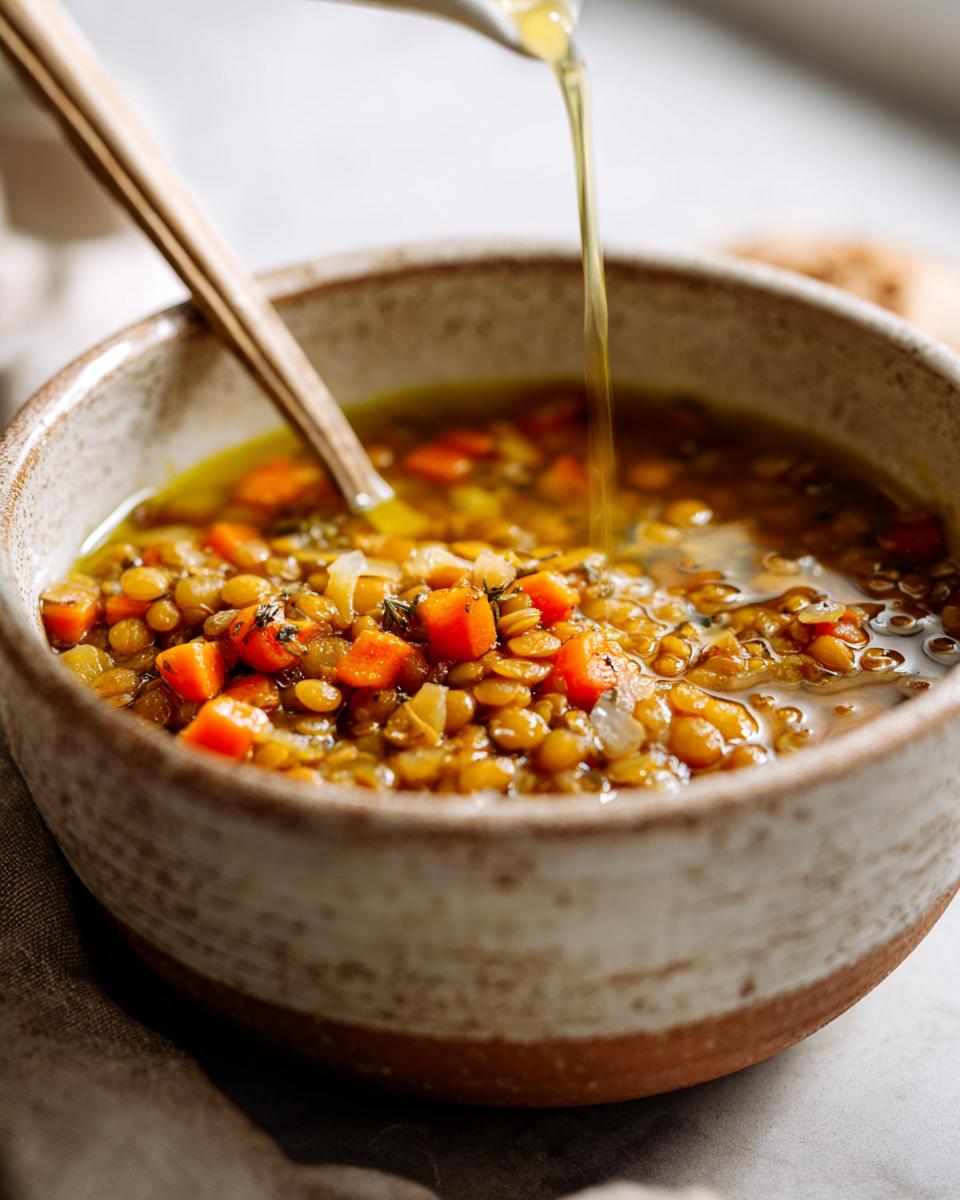 Tazón de sopa de lentejas con zanahorias y hierbas, ideal para recetas rápidas para días fríos