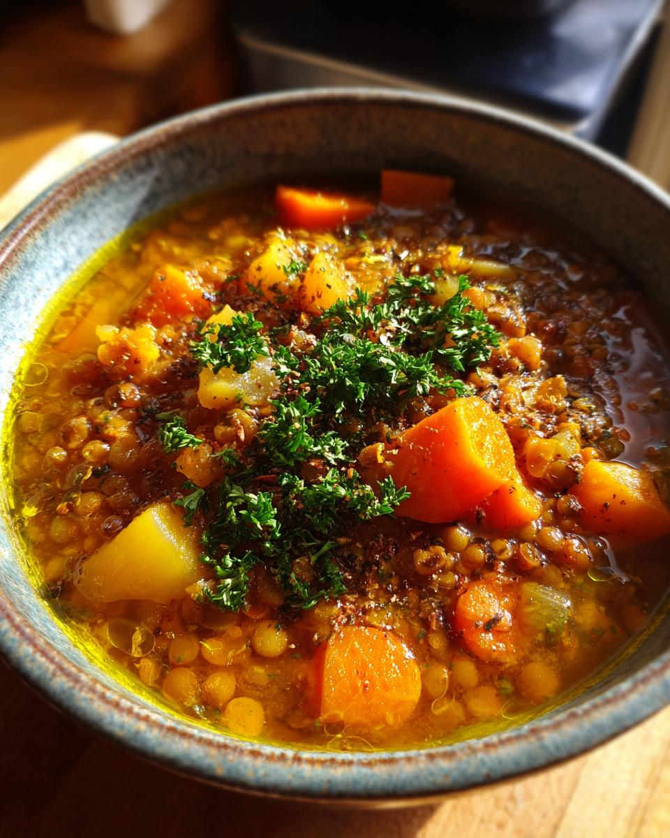 Tazón de sopa con lentejas, zanahorias, papas y perejil fresco en caldo caliente
