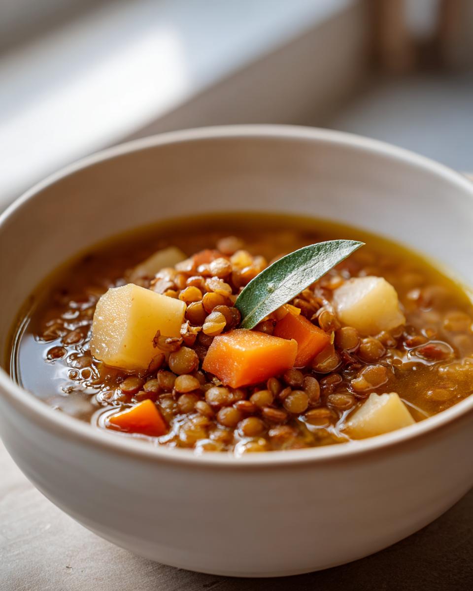 Tazón de sopa de lentejas y verduras con una hoja de laurel decorativa