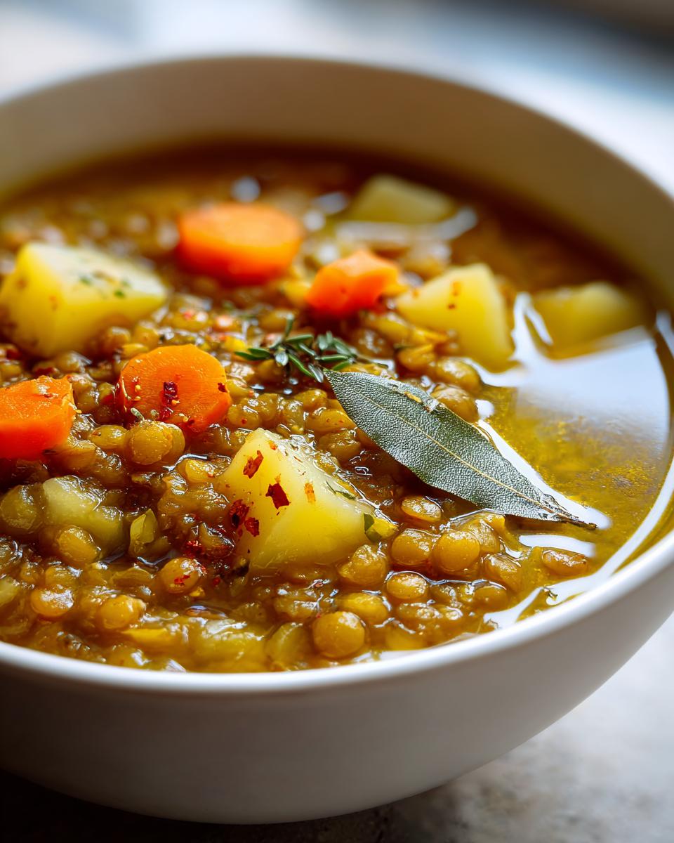 Tazón de sopa de lentejas con papas, zanahorias y especias en un caldo dorado.