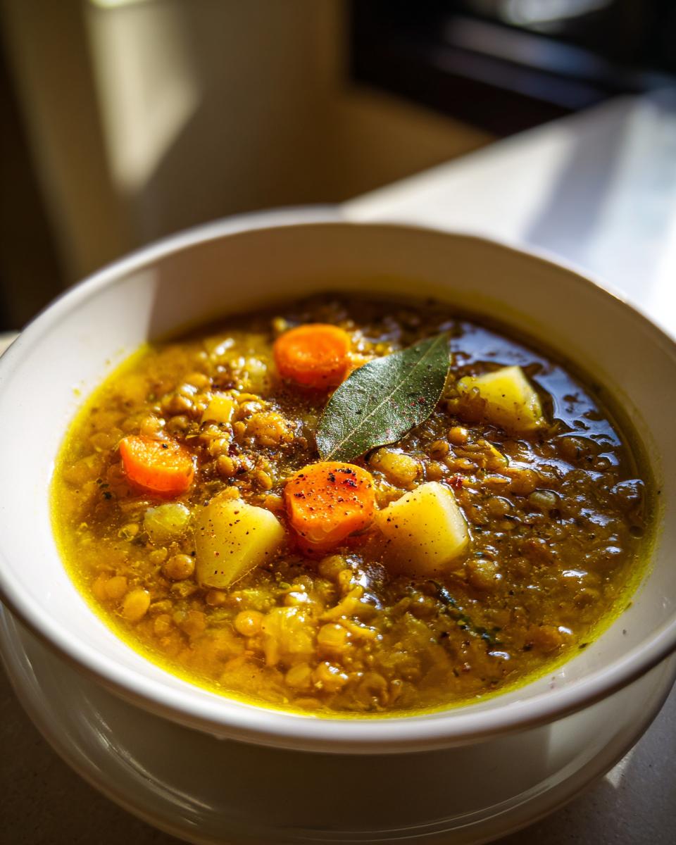 Primer plano de sopa de lentejas con zanahorias y papas en un tazón blanco, ideal para recetas económicas para invierno
