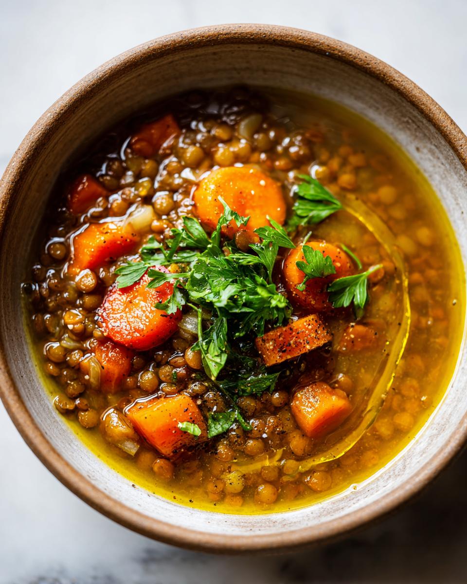 Tazón de sopa de lentejas con zanahorias y perejil para cenas ligeras de invierno