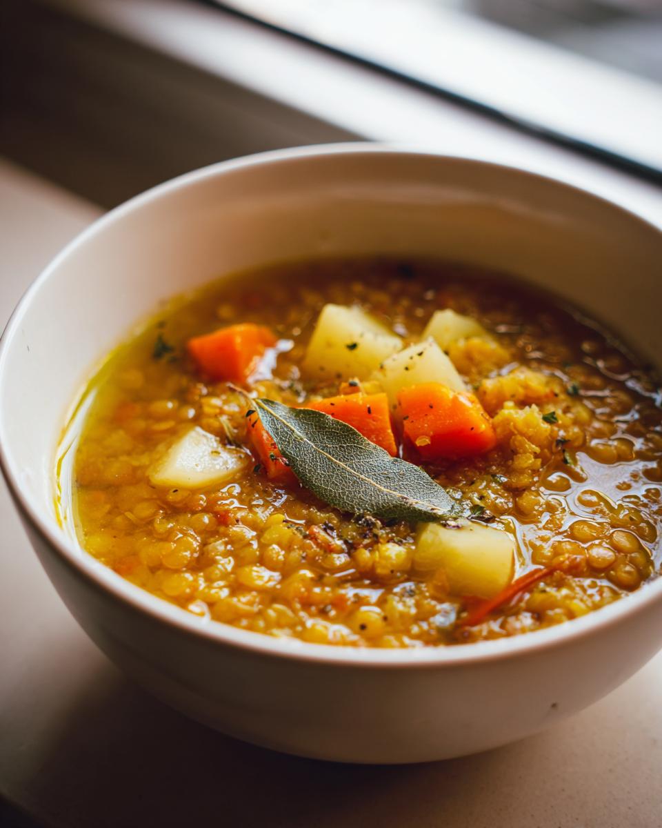 Tazón de sopa caliente con lentejas, zanahorias, papas y hoja de laurel en receta económica para invierno