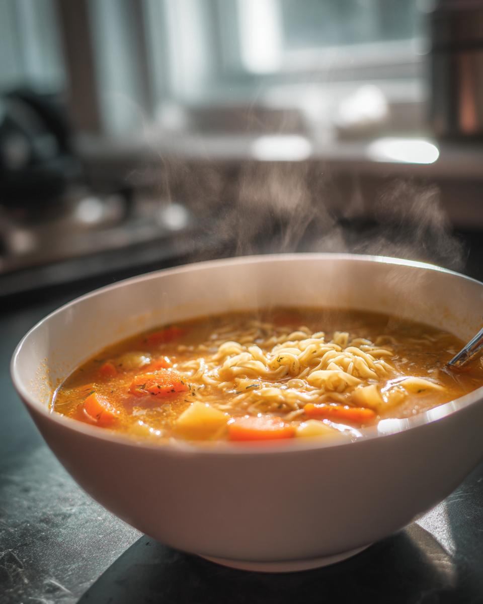 Tazón grande con sopas caseras fáciles de verduras, fideos y caldo caliente con vapor visible.