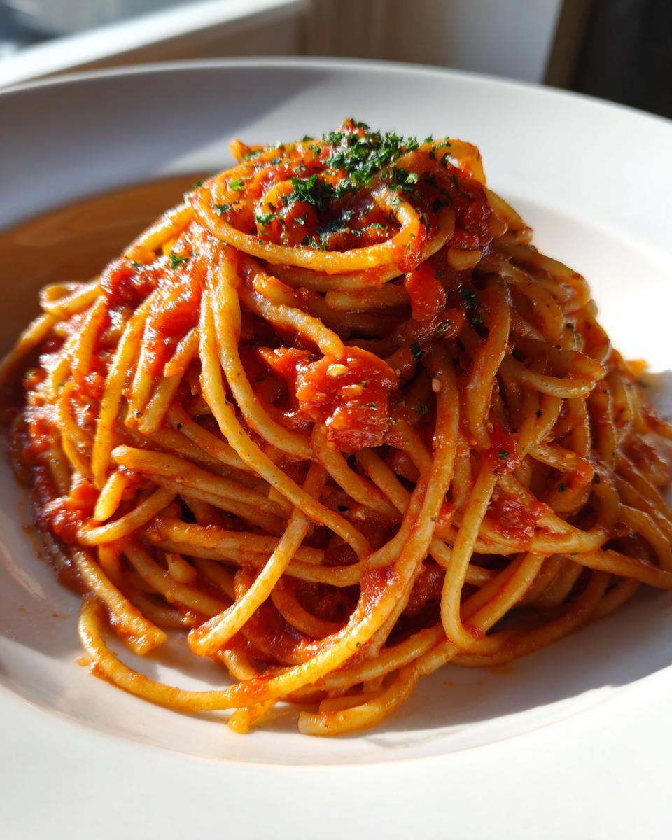 Plato de spaghetti con salsa de tomate, decorado con hierbas frescas, una de las ideas de comidas caseras