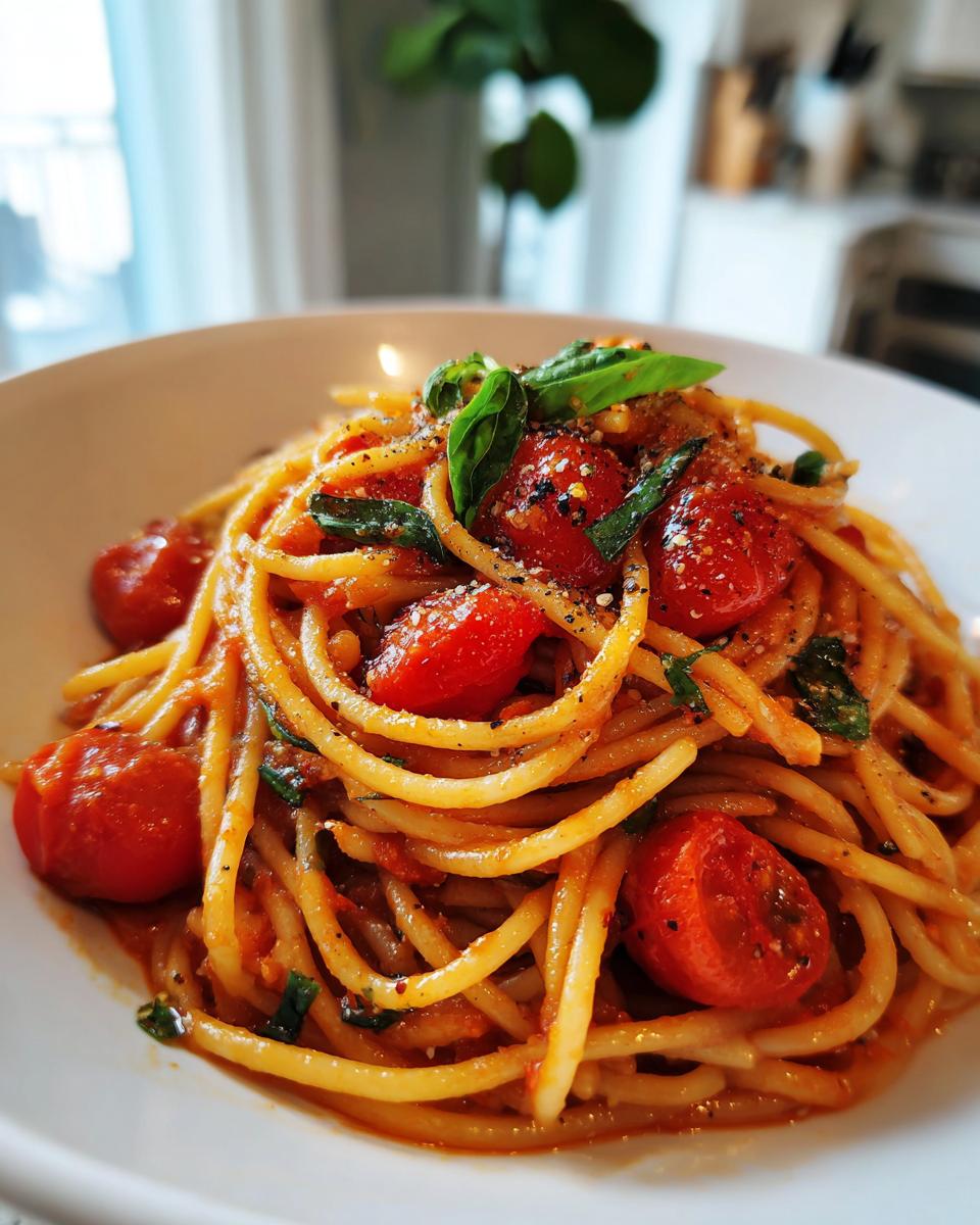 Plato de spaghetti con tomate cherry y hojas de albahaca para cena romántica fácil