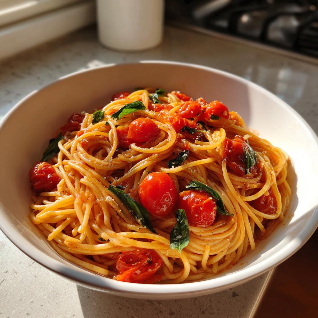 Plato de spaghetti con tomate cherry y albahaca para cenas románticas fáciles