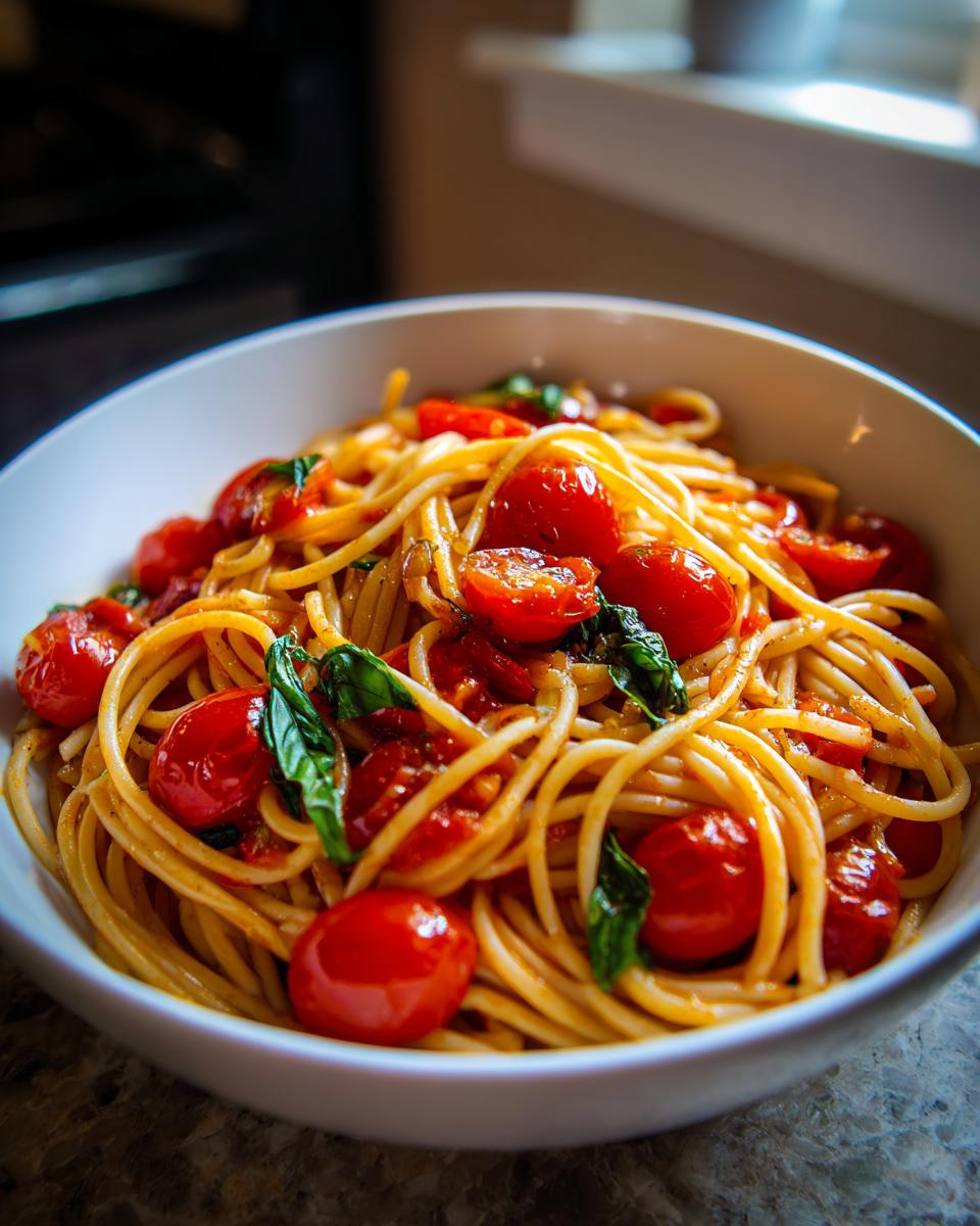 Plato de spaghetti con tomates cherry y albahaca fresca, ideal para cenas románticas fáciles.