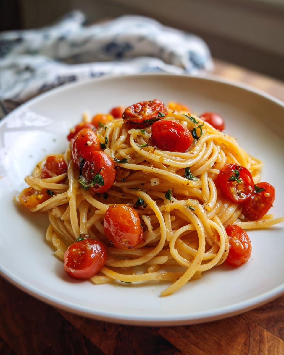 Plato de spaghetti con tomates cherry y hierbas frescas, ideal para recetas para dos personas