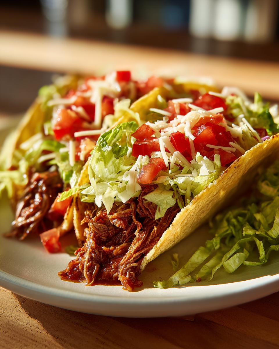 Tacos con carne deshebrada, lechuga, tomate y queso en tortilla de maíz
