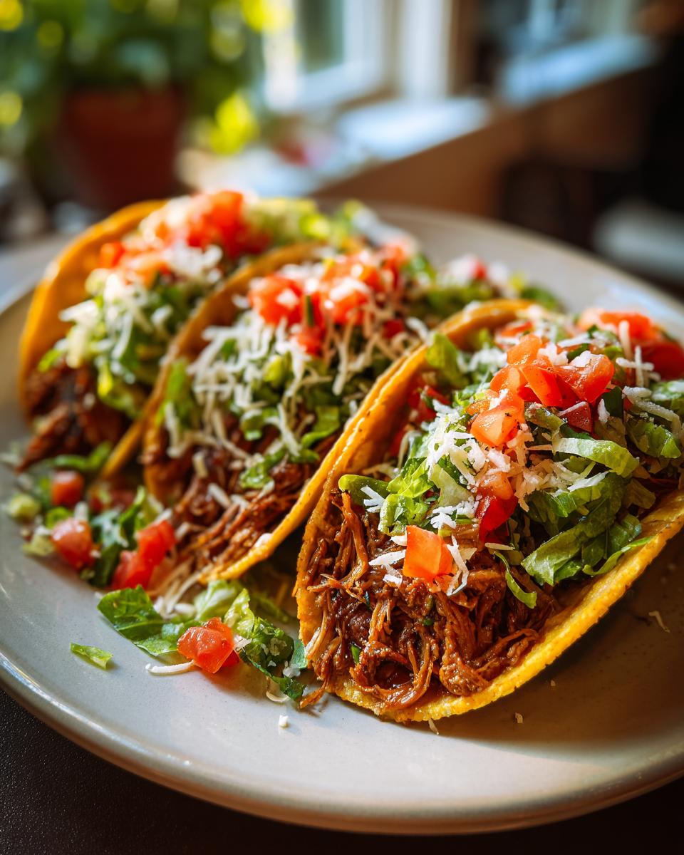 Tacos rellenos de sobras de carne con lechuga, tomate y queso rallado en un plato.
