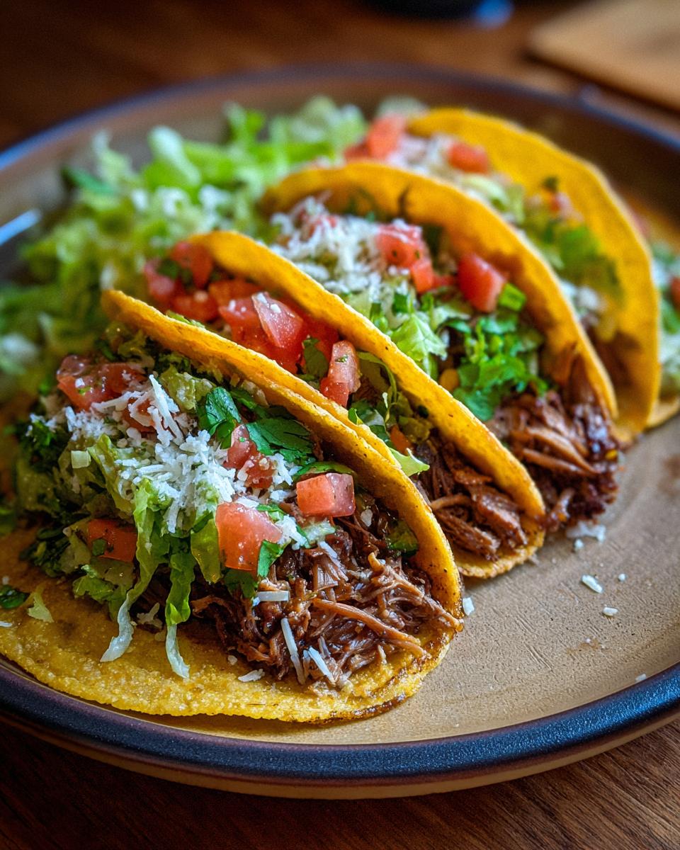 Tacos rellenos de sobras de carne, lechuga, tomate y queso rallado sobre plato.