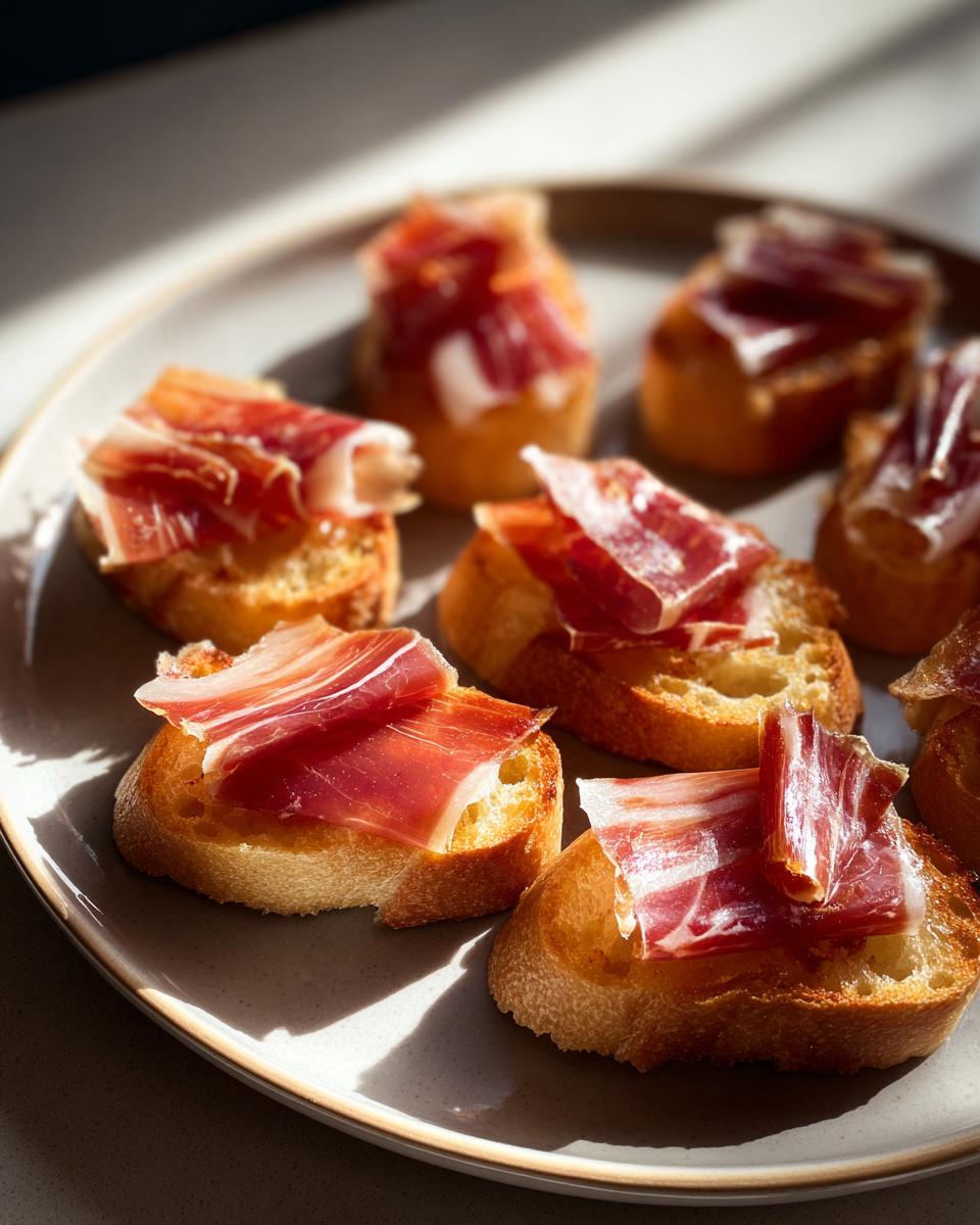 Tapas caseras sencillas de jamón ibérico servido sobre rebanadas de pan tostado en un plato beige