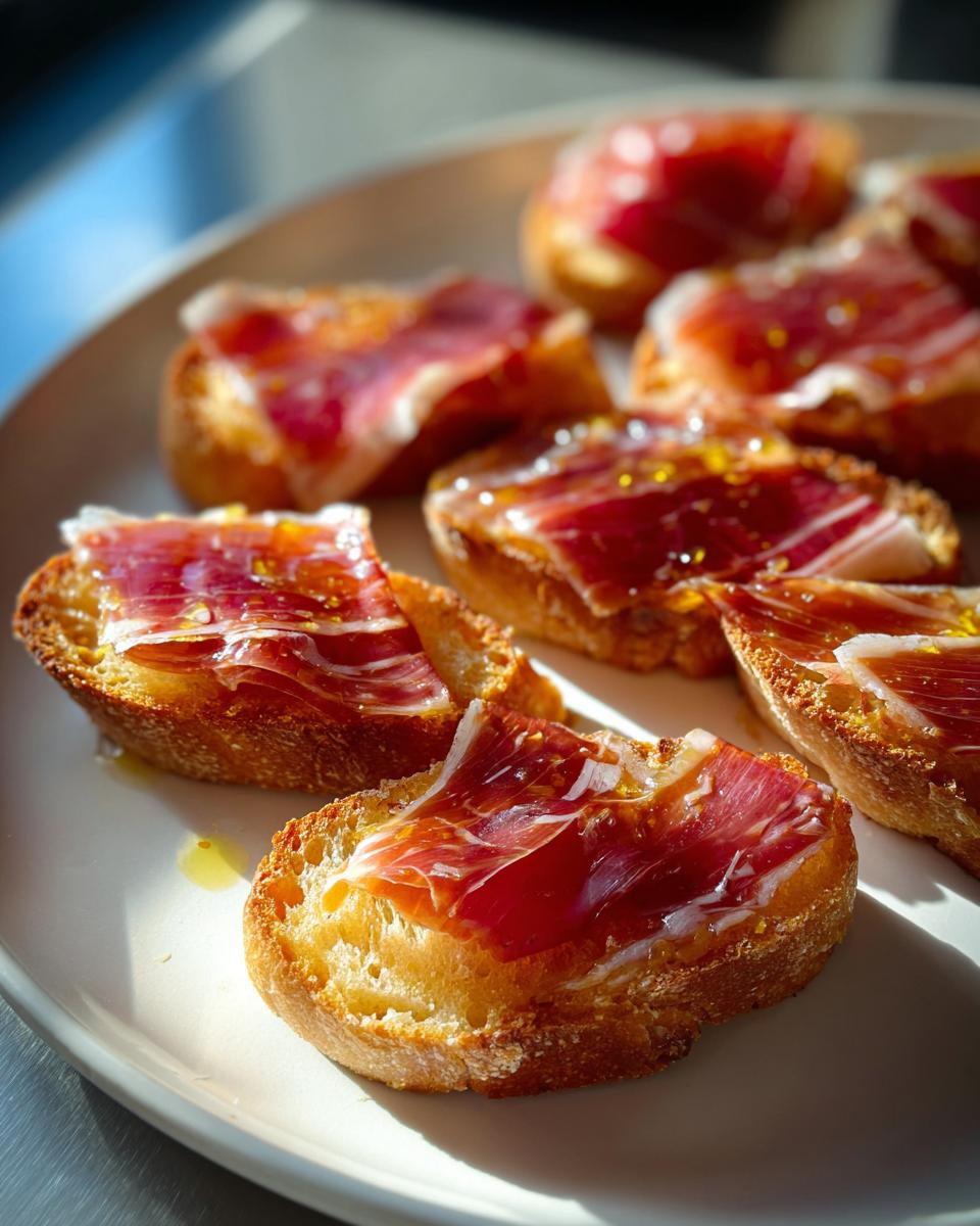 Tapas caseras sencillas con jamón ibérico sobre rebanadas de pan tostado con aceite